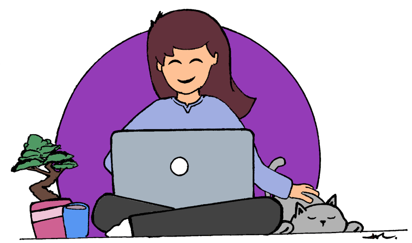 Cartoon girl sitting with laptop and cat